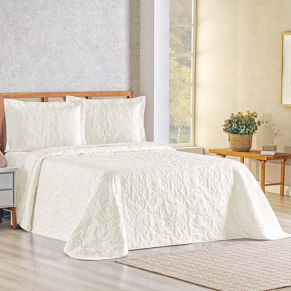 Kit Cobre Leito Colcha Celeste Queen 3 Peças Matelado Floral 180 Fios - Marfim