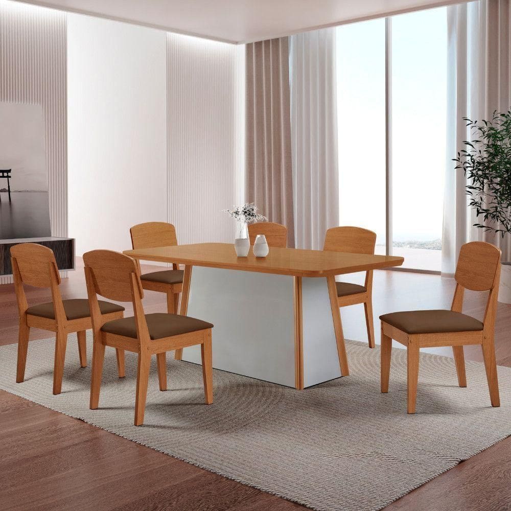 Mesa De Jantar Diane 180cm Tampo Mdf Canto Copo E 6 Cadeiras Veludo Marrom/naturale/off White