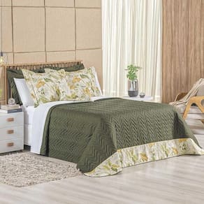 Kit Cobre Leito Colcha Forest Queen 3 Peças Percal 150 Fios 100% Algodão - Verde Musgo Floral