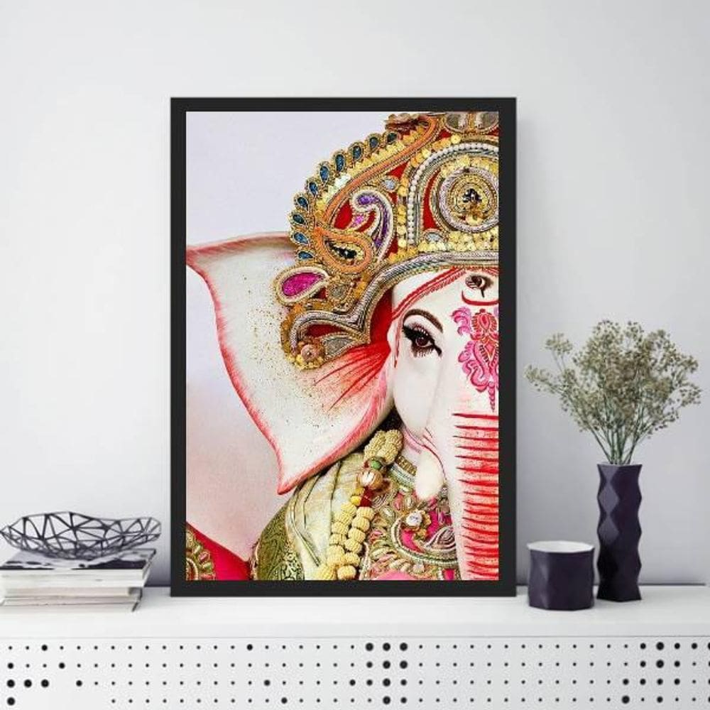 Quadro Decorativo Rosto Ganesha 33X24Cm Moldura Preta