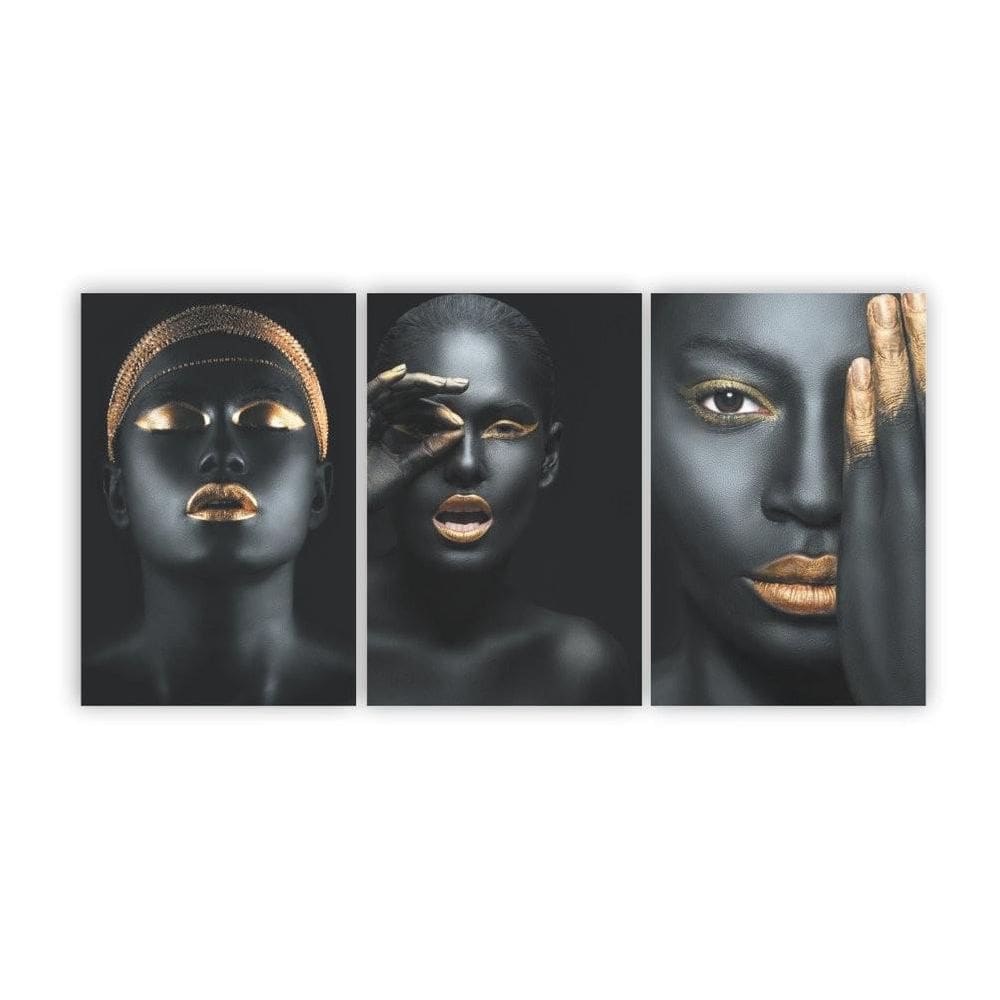 Quadros Decorativos Mulhere Negras Maquiagem Dourada 180X60