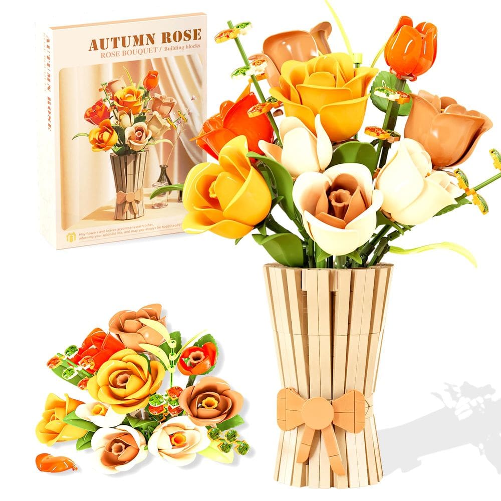 Conjunto de construção, buquê de flores e rosas chanbrick com vaso, 868 unidades