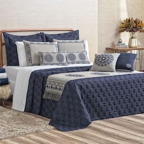 Kit Cobre Leito Colcha Tierry Queen 5 Peças Hipercal 180 Fios - Azul Marinho