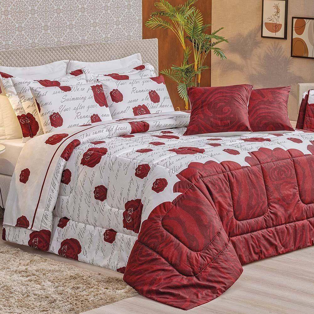 Kit Edredom Supreme Queen 5 Peças 100% Algodão 200 Fios Estampado - Roses