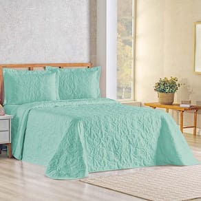 Kit Cobre Leito Colcha Celeste Queen 3 Peças Matelado Floral 180 Fios - Verde Tiffany