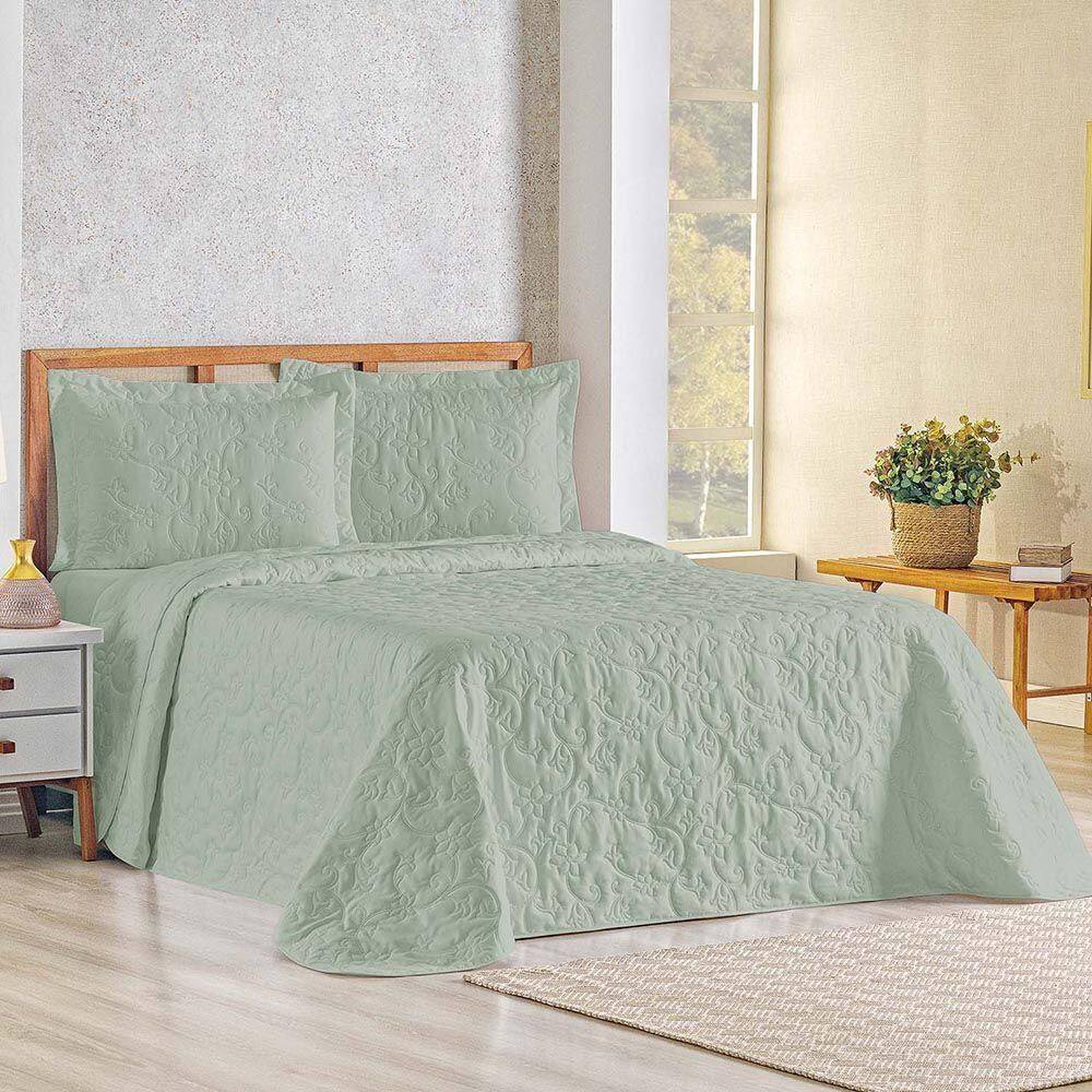 Kit Cobre Leito Colcha Celeste Queen 3 Peças Matelado Floral 180 Fios - Verde Malva