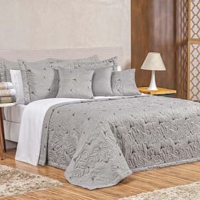 Kit Cobre Leito Colcha Marie Queen 3 Peças Bordado Floral 180 Fios - Cinza