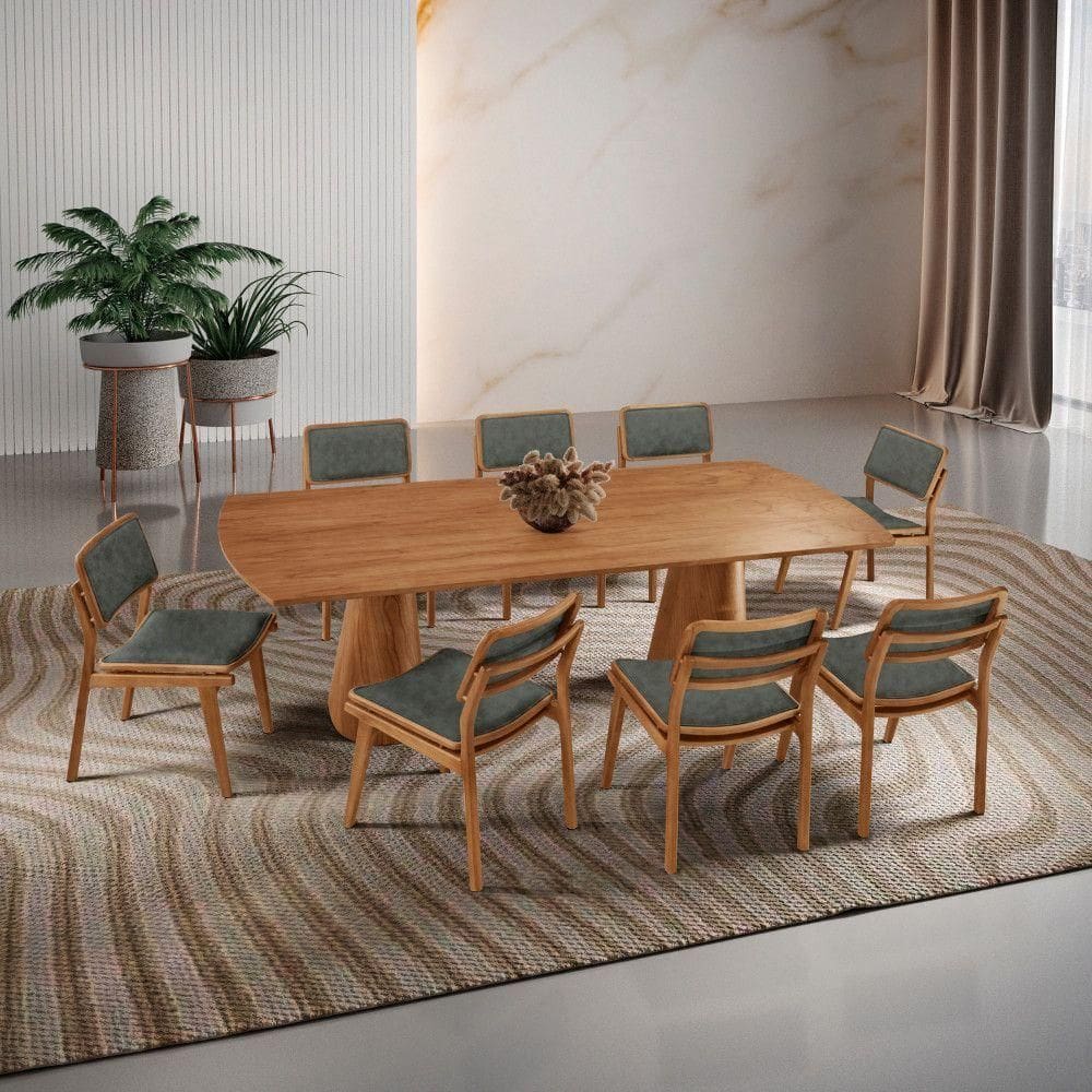 Mesa De Jantar Noronha 220cm Madeira Tampo Barril 8 Cadeiras Eva Jade / Imbuia Nat.