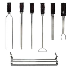 Kit Churrasco 7 Peças Espetos Garfo Batedor Suporte Mexedor