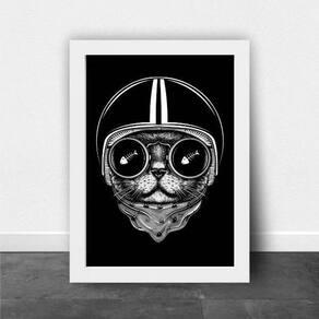 Quadro Decorativo Gato Preto Capacete 24X18Cm