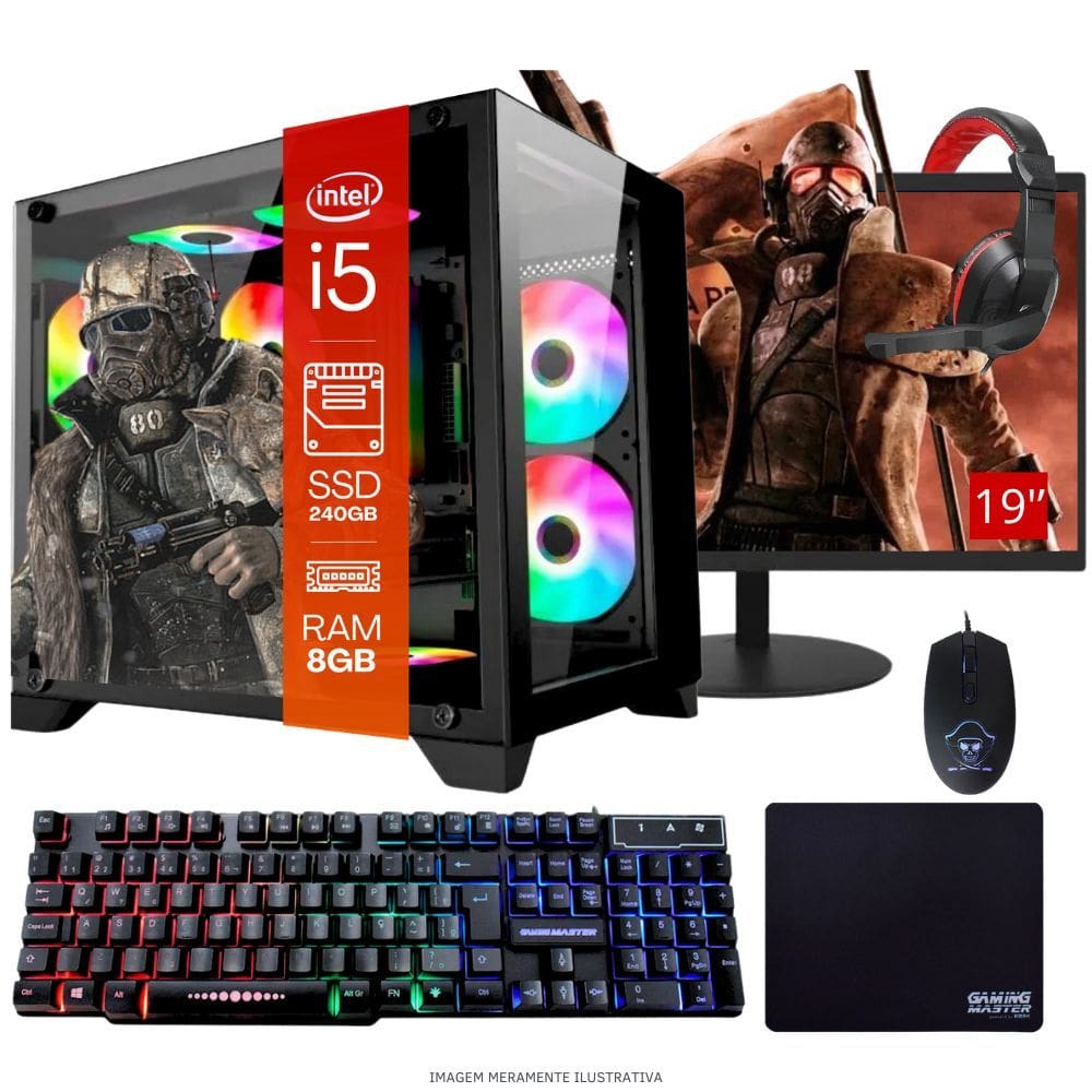 Computador PC Gamer Completo TOB Intel Core i5 SSD 240GB 8GB Gabinete Aquário Teclado Mouse Mouse Pad e Headset Gamer Monitor 19" Windows 10 Pro