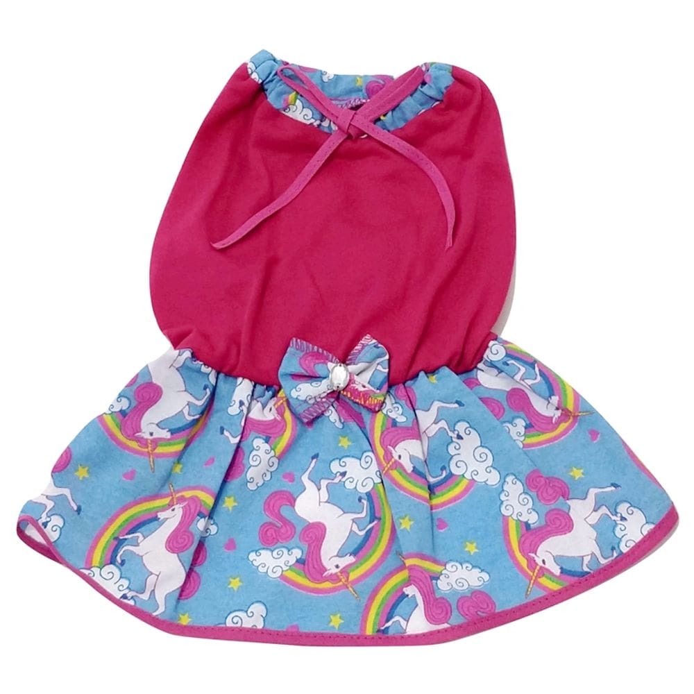 Vestido Cachorro malha lacinho rosa saia unicórnio azul GG