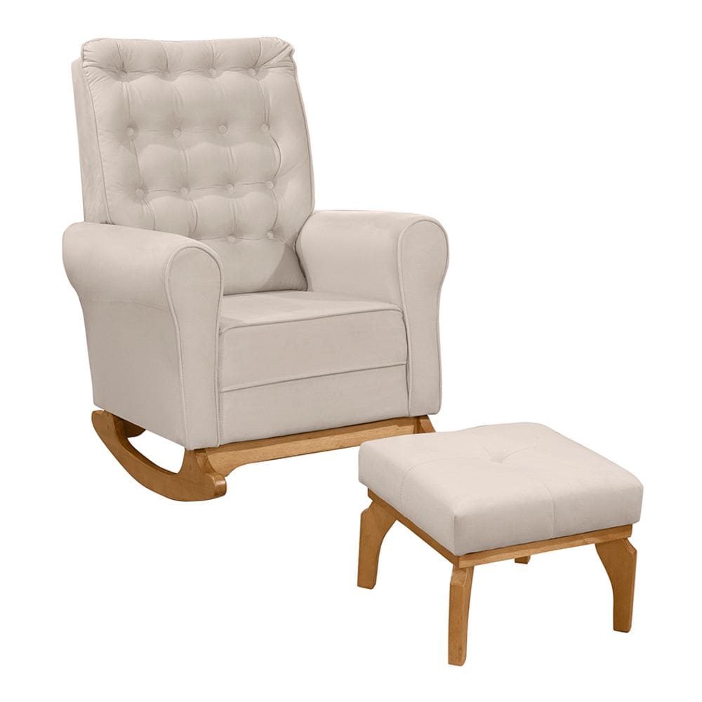Poltrona de Amamentação e Descanso Paris com Base Balanço e Puff Veludo Bege - Desk Design