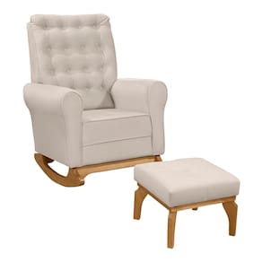 Poltrona de Amamentação e Descanso Paris com Base Balanço e Puff Veludo Bege - Desk Design