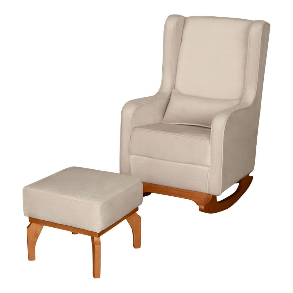 Poltrona de Amamentação e Descanso Renata com Base Balanço e Puff Veludo Bege - Desk Design