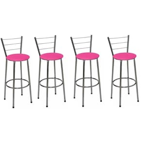 Kit 4 Banquetas Altas Cromada com Encosto Assento Rosa