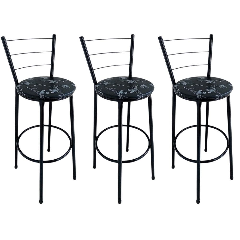 Kit 3 Banquetas Alta Preta com Encosto Assento Floral Preto Jaddi