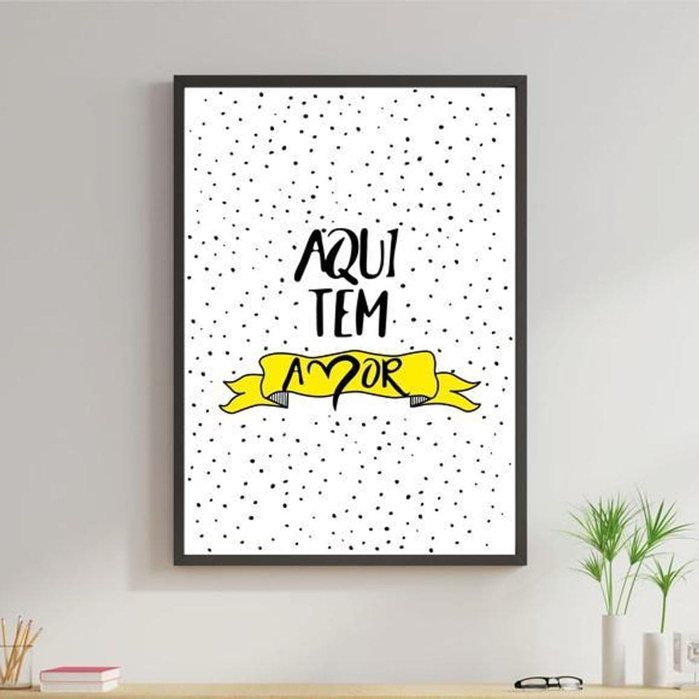 Quadro Aqui Tem Amor- Amarelo 60X40Cm Moldura Preta