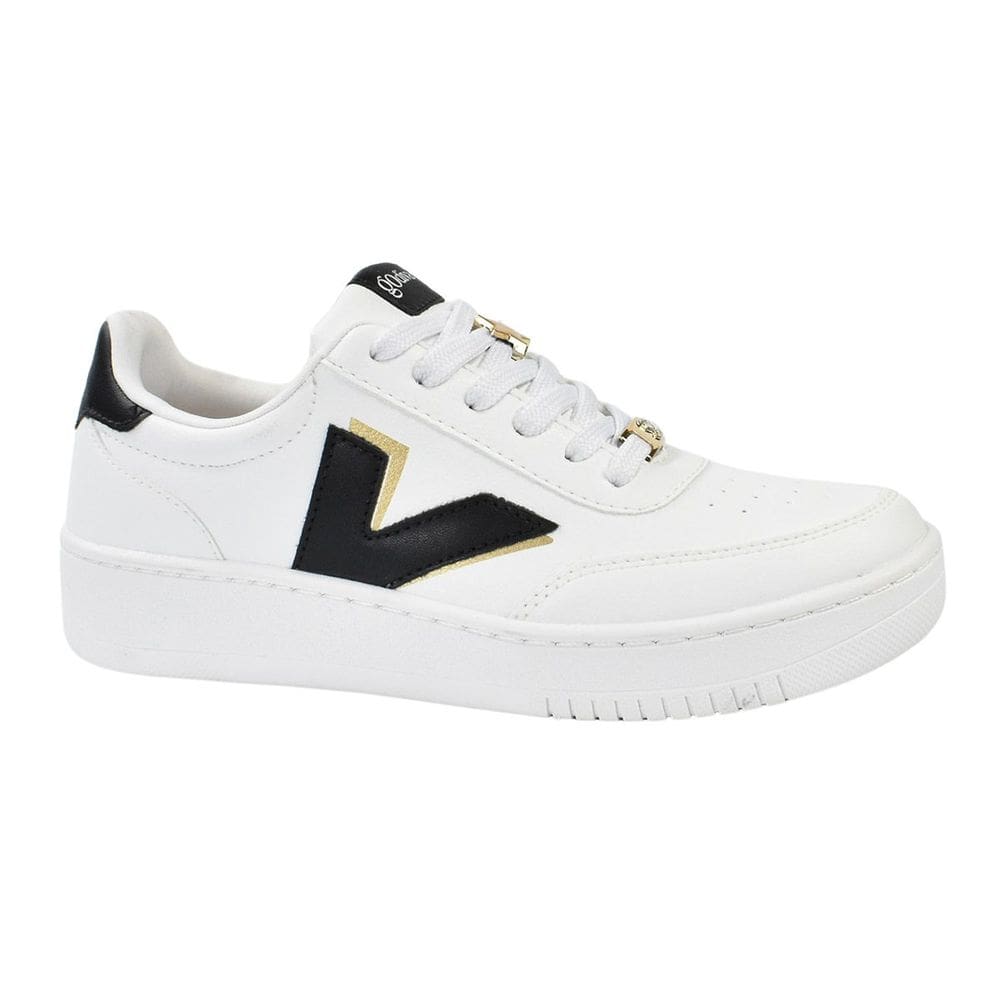 Tênis Godiva Casual V Lateral Cadarço feminino Branco Preto