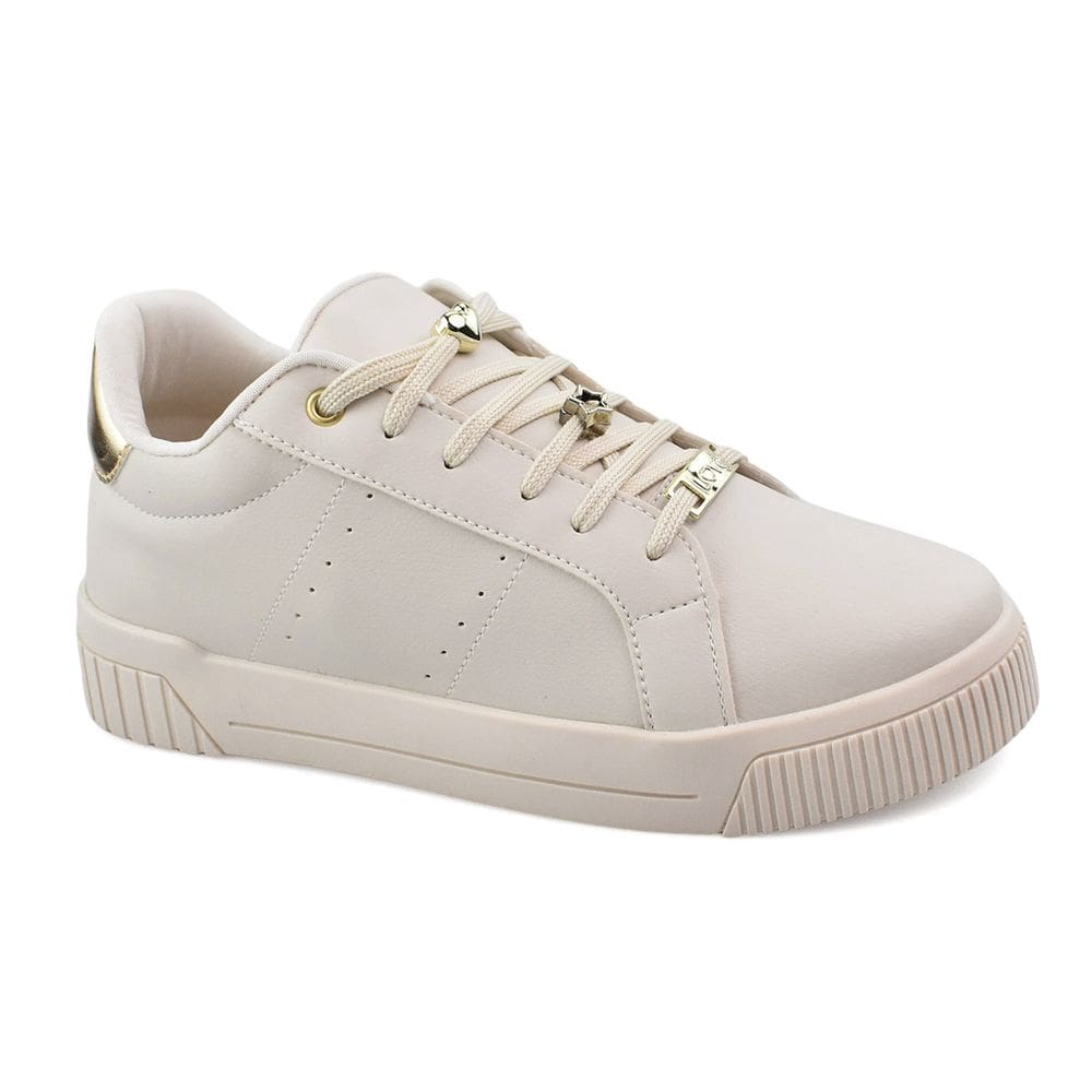 Tênis Godiva Casual Cadarços Tachas Feminino Creme Dourado