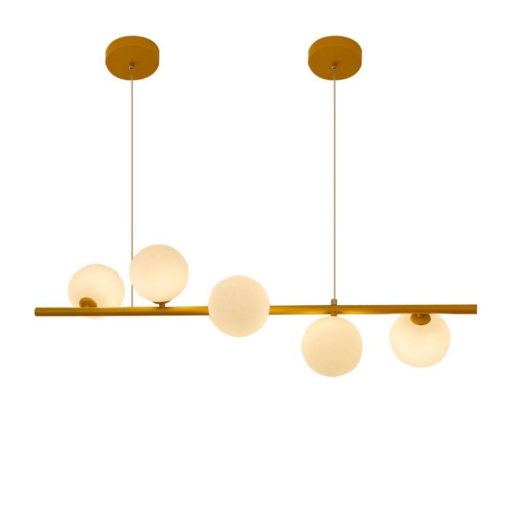 Lustre Pendente Retangular 90Cm Leitoso 5 Bolas + Lâmpada