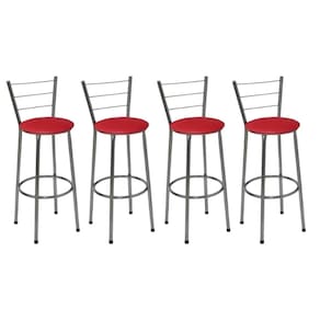 Kit 4 Banquetas Altas Cromada com Encosto Assento Vermelho
