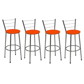Kit 4 Banquetas Altas Cromada com Encosto Assento Laranja