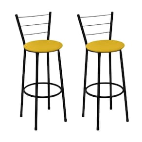 Kit 2 Banquetas Alta Preta com Encosto Assento Amarelo Jaddi