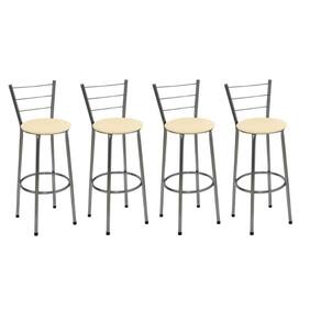 Kit 4 Banquetas Altas Cromada com Encosto Assento Bege