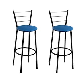 Kit 2 Banquetas Alta Preta com Encosto Assento Azul Jaddi