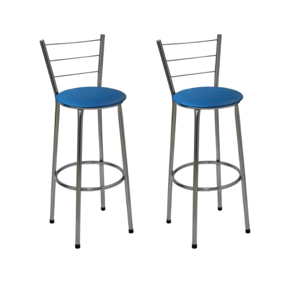Kit 2 Banquetas Altas Cromada com Encosto Assento Azul