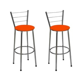 Kit 2 Banquetas Altas Cromada com Encosto Assento Laranja