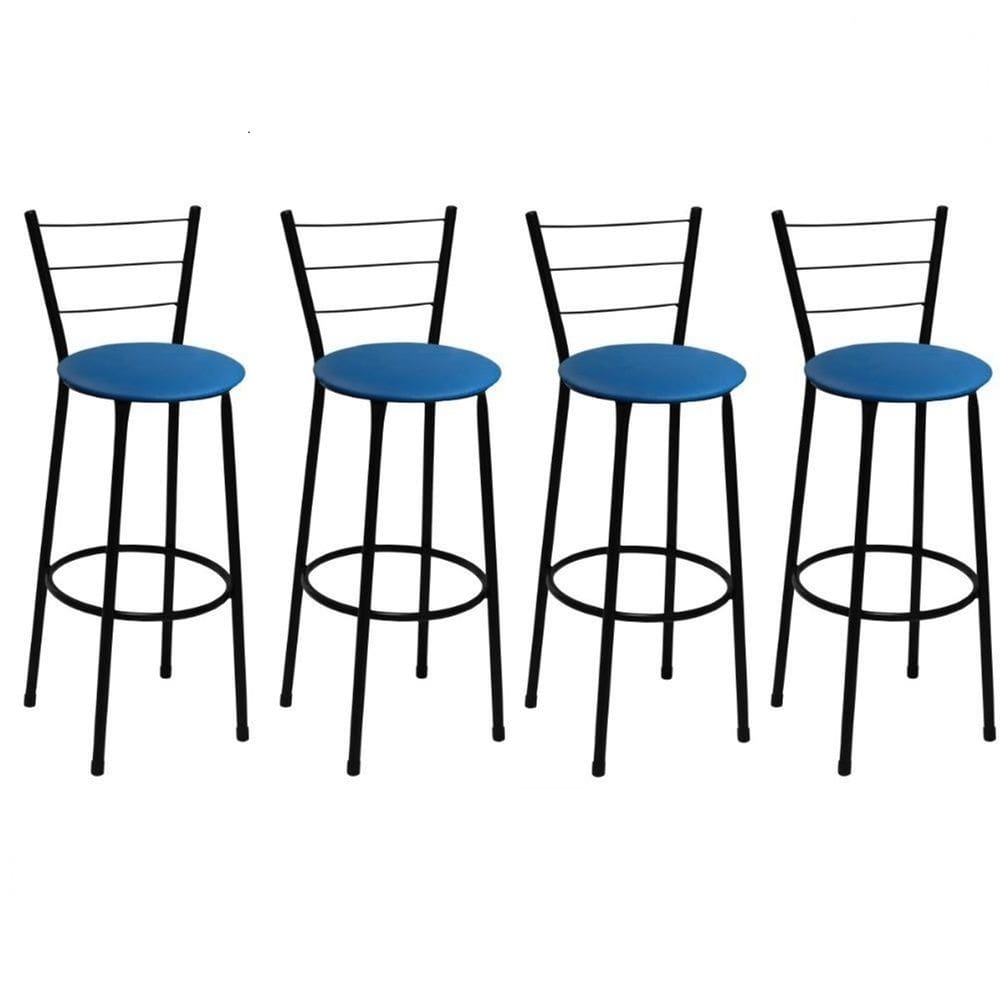 Kit 4 Banquetas Alta Preta com Encosto Assento Azul Jaddi