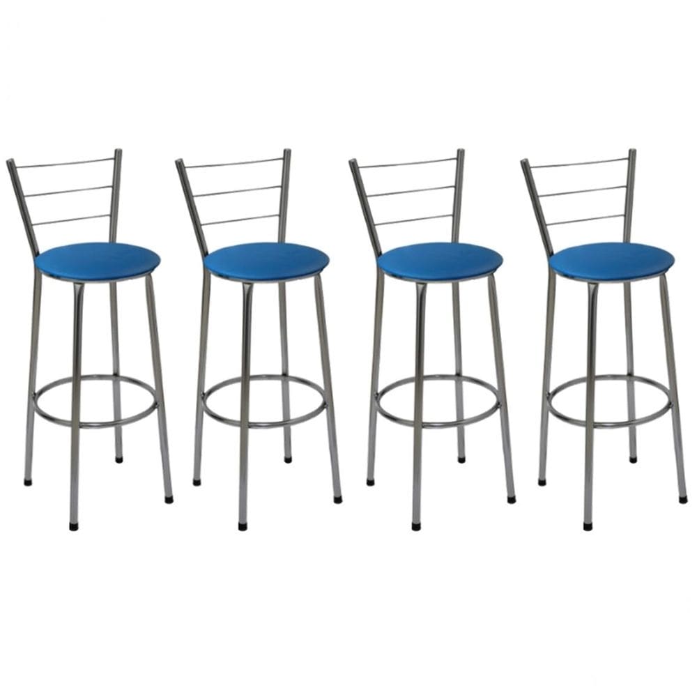 Kit 4 Banquetas Altas Cromada com Encosto Assento Azul