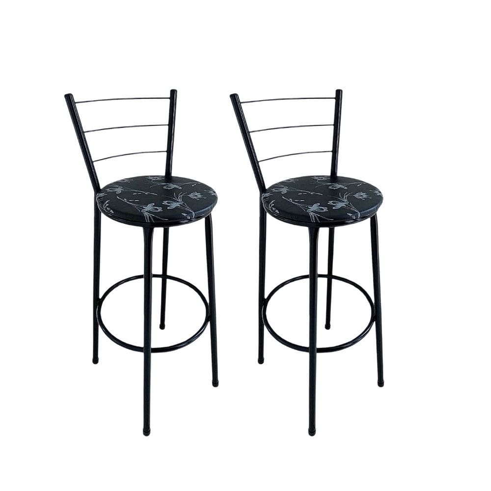 Kit 2 Banquetas Alta Preta com Encosto Assento Floral Preto Jaddi