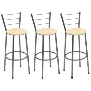 Kit 3 Banquetas Altas Cromada com Encosto Assento Bege