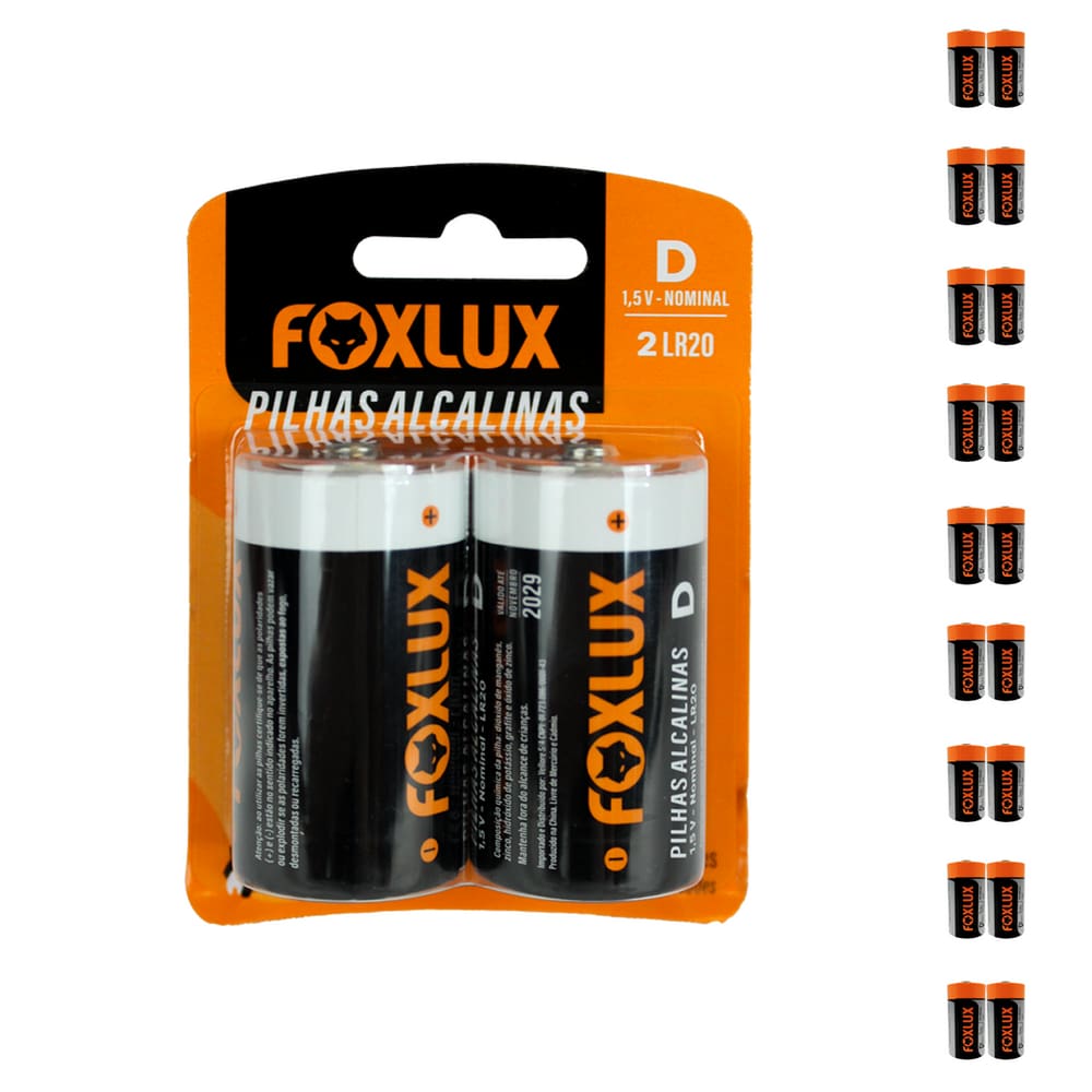 Kit 20 Pilha Alcalina Grande D Foxlux