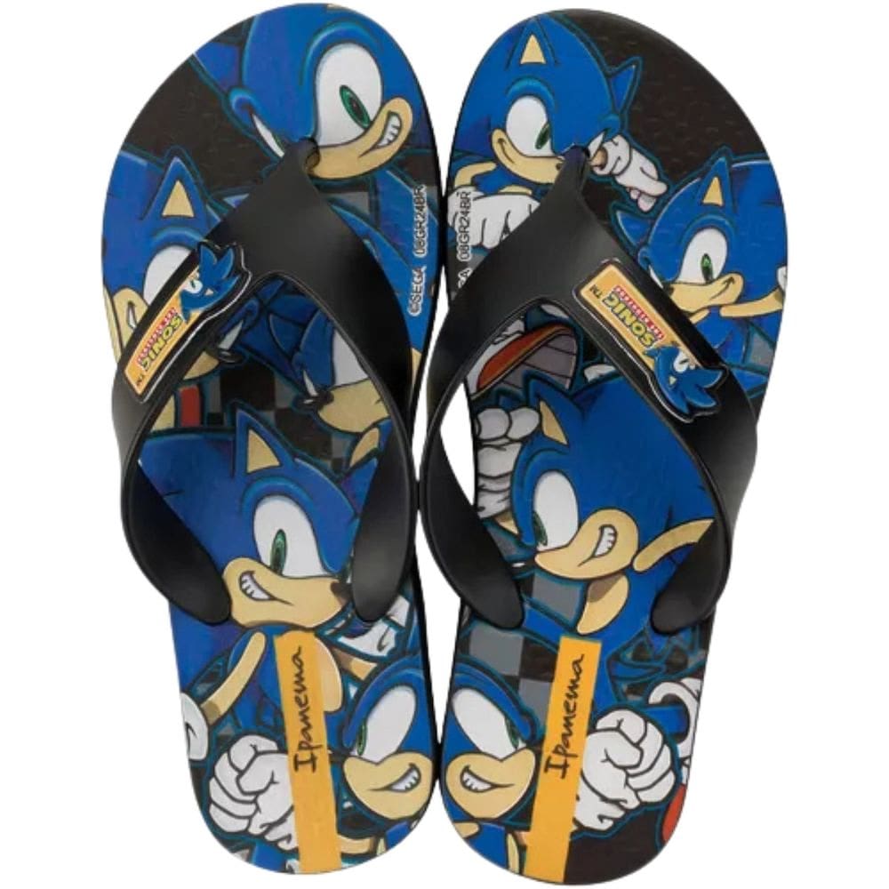 Chinelo Ipanema de Dedo Infantil Meninos Sonic Preto Azul Amarelo