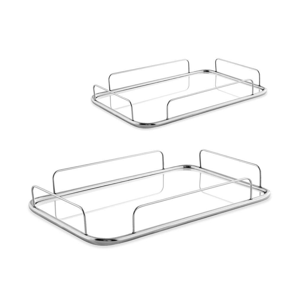 Kit Bandeja Retangular Prata em Metal C/Espelho 28,5x25,5/46,5x31cm 2 Peças Mart