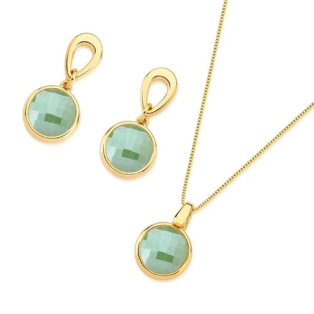 Conjunto Quartzo Verde Perolado Dourado Semijoia Lizzy Fatin