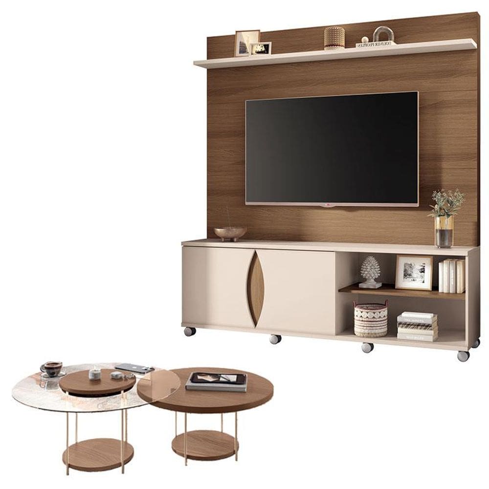Estante Home Theater Luxor Castanho Off White e Kit Mesa de Centro sky Castanho- HB Móveis
