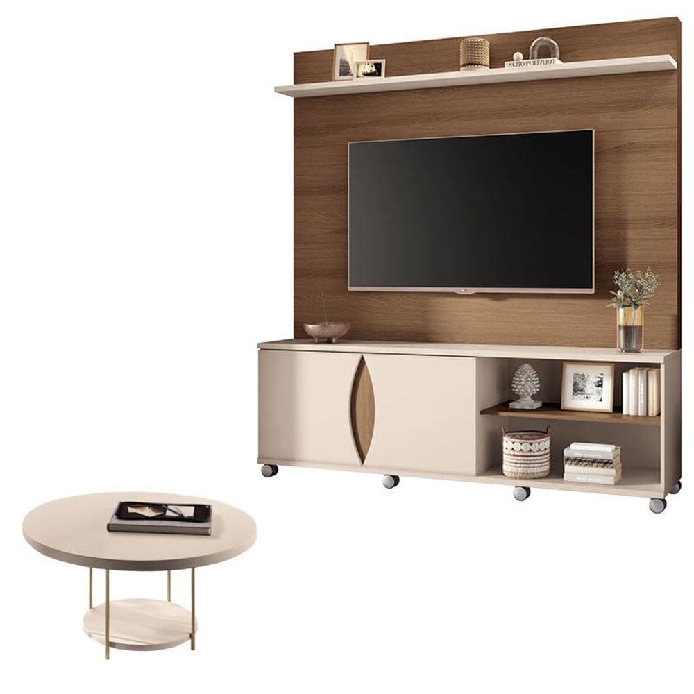Estante Home Theater Luxor Castanho Off White e Mesa de Centro sky Off White- HB Móveis
