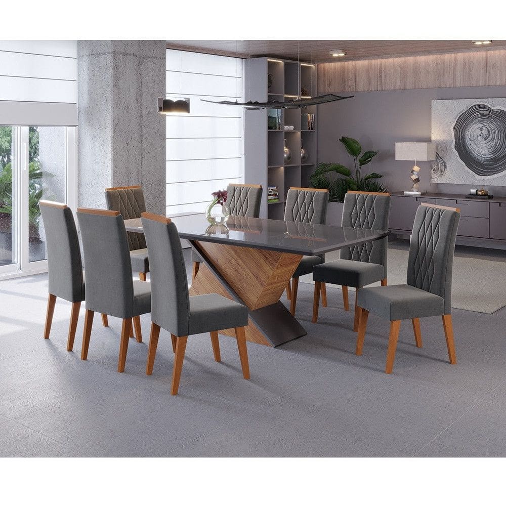 Conjunto Sala de Jantar Mesa Glamour com 8 Cadeiras Cristal Viero