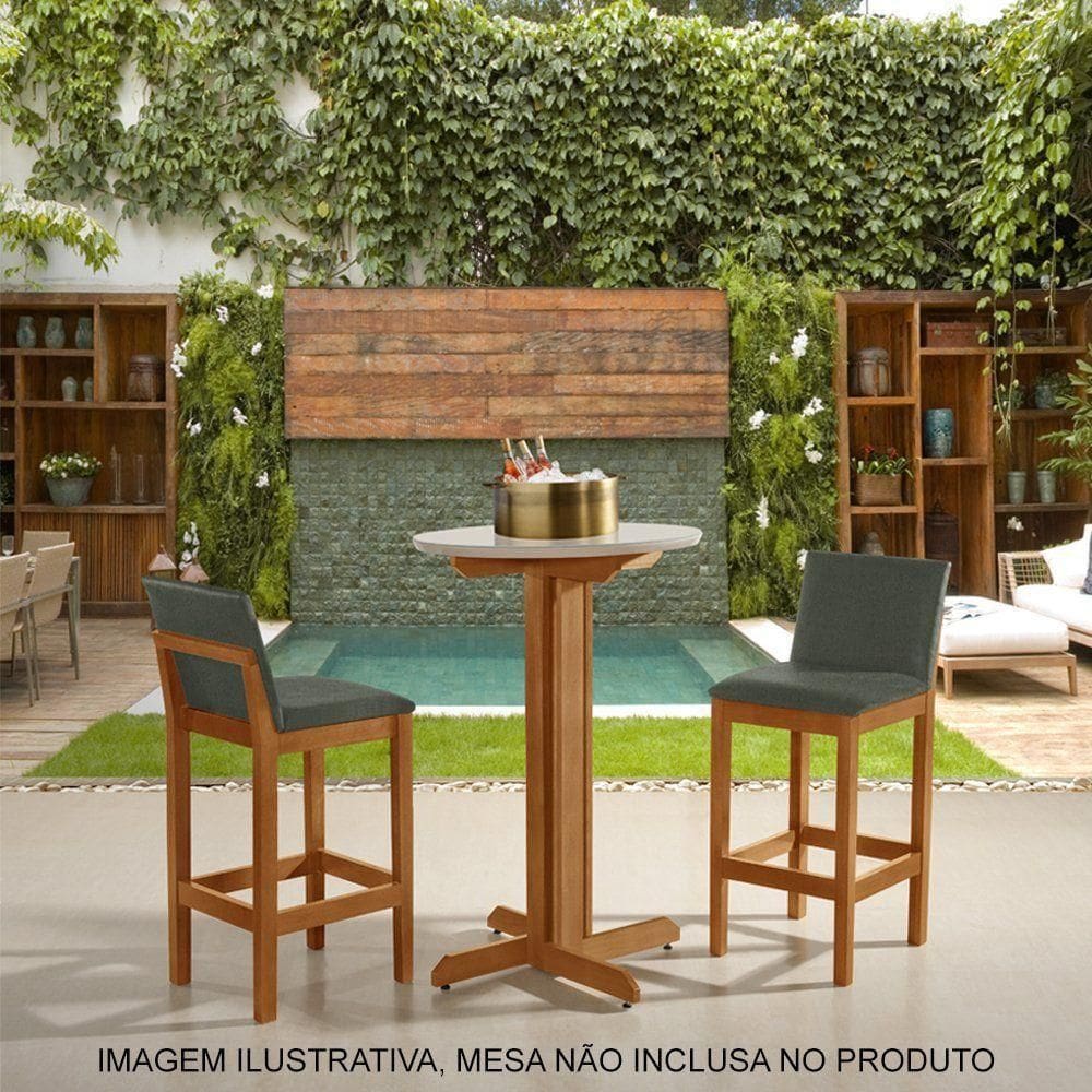 Kit 2 Banquetas Alta Luxo Pérola Com Encosto Estofada Em Linho Chumbo Madeira Maciça Castanho