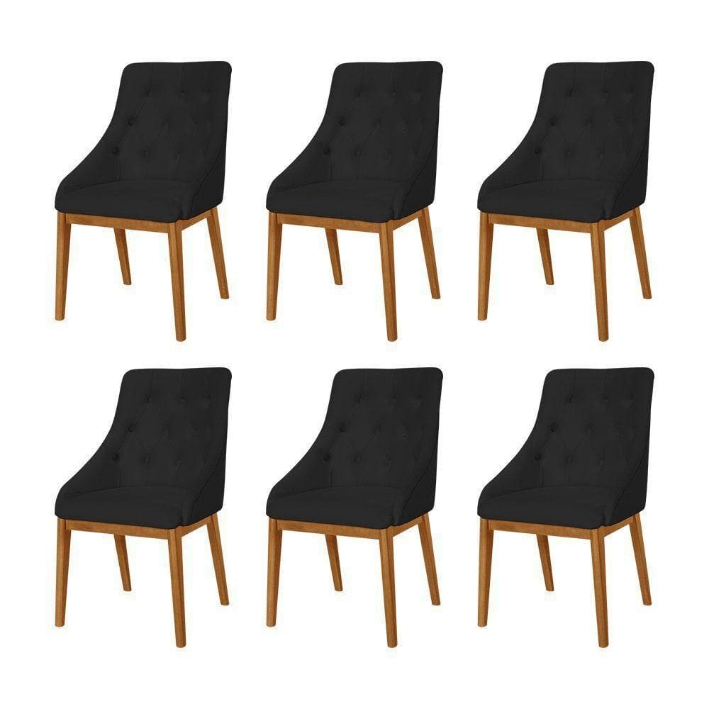 Kit 6 Cadeiras De Jantar Luxo Estofada Elisa Anatômica Capitonê Veludo Preto Base Madeira Maciça Mel