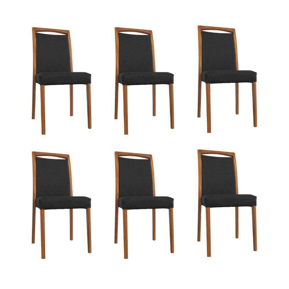 Kit 6 Cadeiras De Jantar Luxo Estofadas Jade Corino Preto Base Madeira Maciça Mel