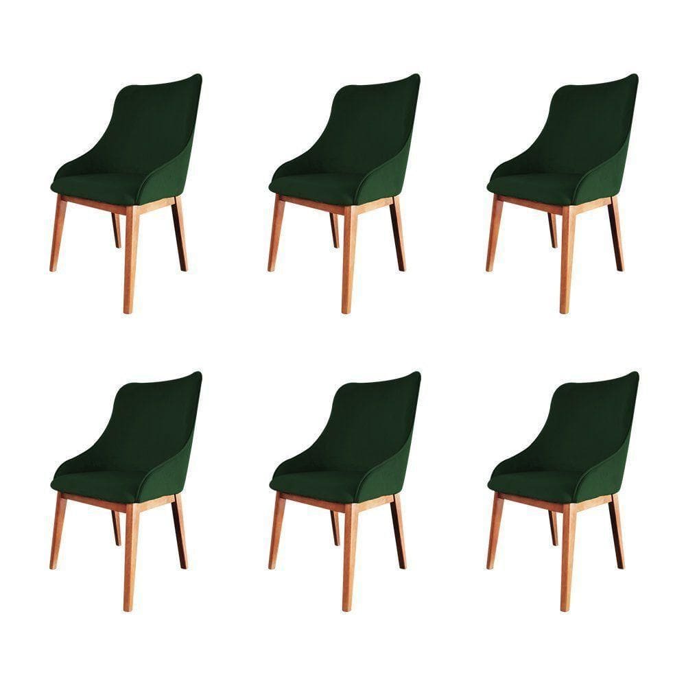 Kit 6 Cadeiras De Jantar Luxo Estofada Elisa Anatômica Veludo Verde Base Madeira Maciça Mel