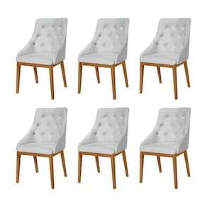 Kit 6 Cadeiras De Jantar Luxo Estofada Elisa Anatômica Capitonê Linho Cinza Base Madeira Maciça Mel