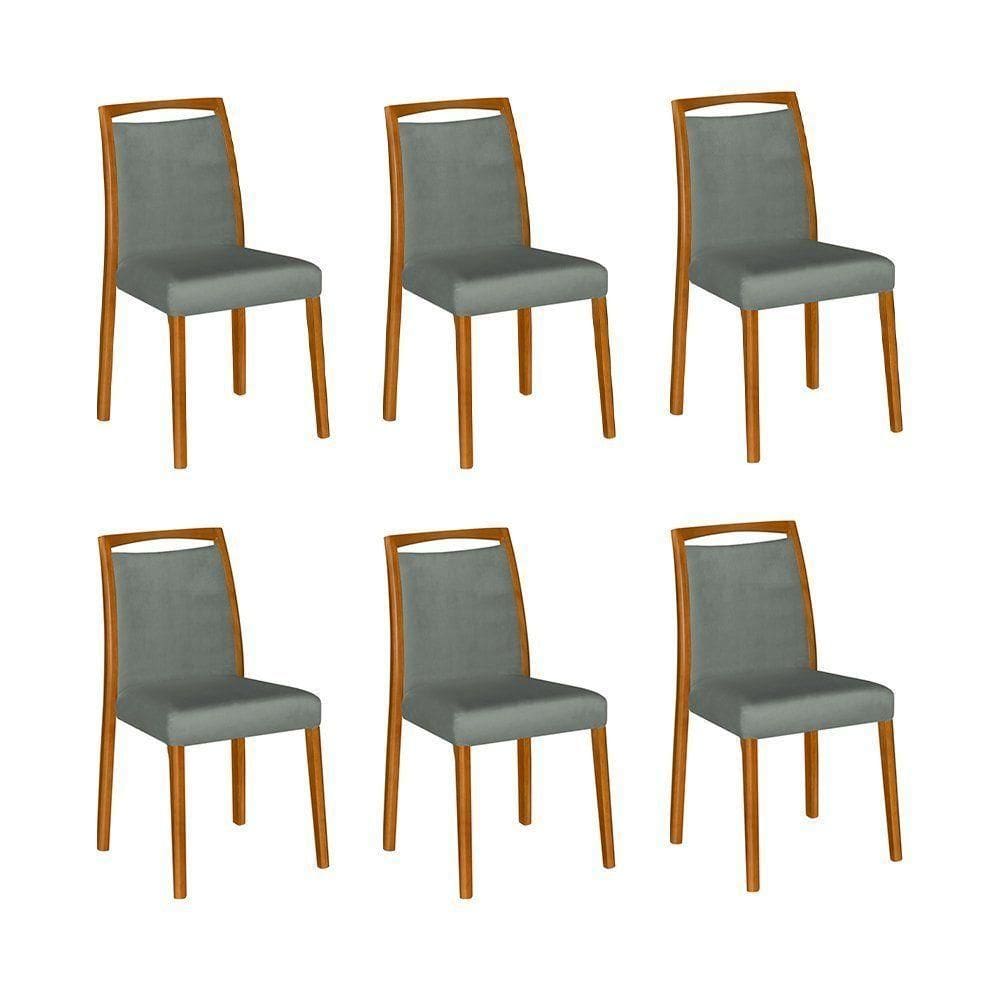 Kit 6 Cadeiras De Jantar Luxo Estofadas Jade Veludo Cinza Base Madeira Maciça Mel