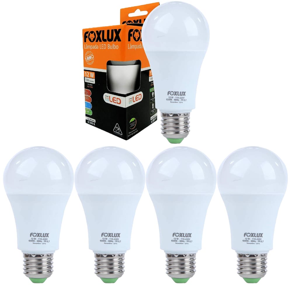 Kit 5 Lâmpadas LED Bulbo 12W 6500K Base E-27 Bivolt Foxlux